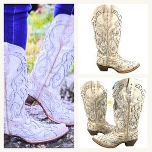 Corral Cream Heeled Boots with Swirl Patterns